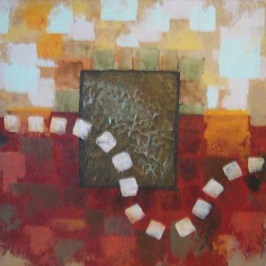 Story Line - 24 x 24, acrylic on lokta paper. 